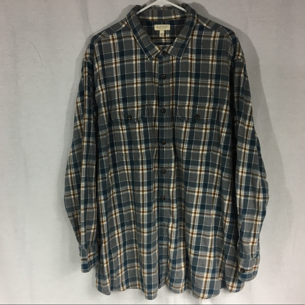 Sonoma Life Style size 3XL gray brown blue long sleeved flannel button front